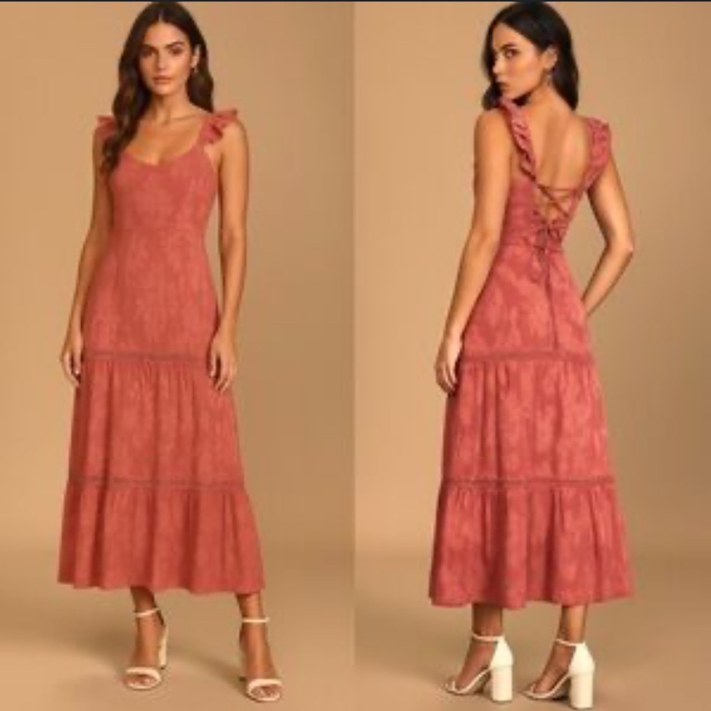 Lulu's Rosewood Ruffled-Strap Lace-Up Maxi Dress